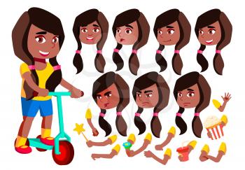 Girl, Child, Kid, Teen Vector. Black. Afro American. Joy. Comic Classmate. Face Emotions Various Gestures Animation Creation Set Isolated Cartoon Character Illustration