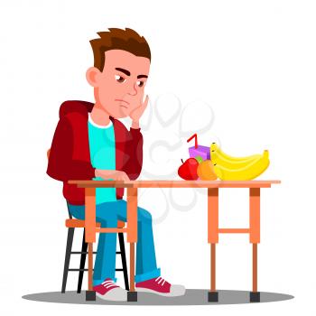 Sad Child At The Table With Food Refuses To Eat Vector. Illustration