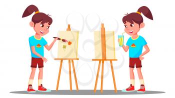 Little Girl Drawing On The Easel With Colored Paints Vector. Artist. Illustration