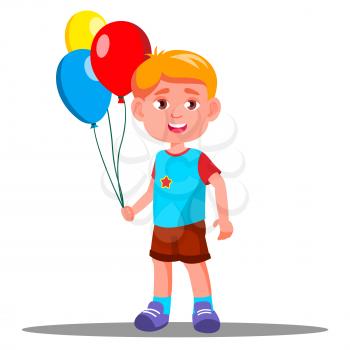 Happy Child With Colorful Balloons In Hands Vector. Illustration