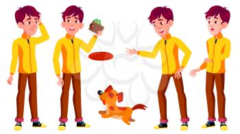 Teen Boy Poses Set Vector. Pet, Dog. Friends, Life. For Presentation, Invitation Card Design Isolated Illustration