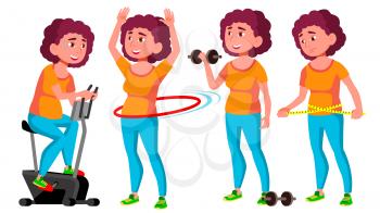 Fat Teen Girl Poses Set Vector. Emotional, Pose. Diet, Fitness, Health. For Advertising, Placard Print Design Isolated Illustration