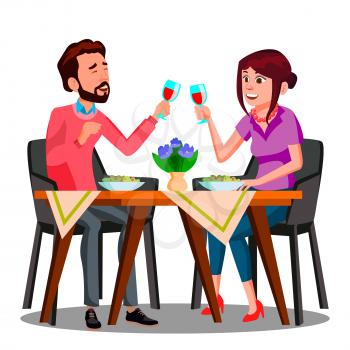 Young Couple Drinking Wine From Glasses In A Restaurant Vector. Illustration