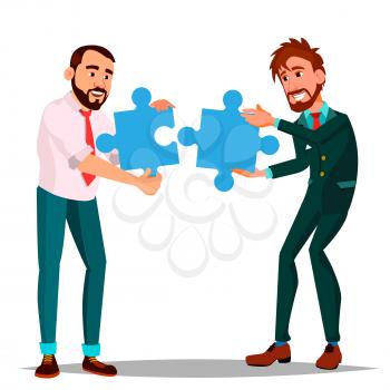 Partnership Vector. Two Man Businessman Holding In Hands Two Large Puzzles And Put Together. Illustration