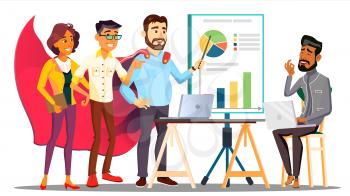 Office Hero Completing A Business Plan In Cloak Of Superhero Among Colleagues Vector. Illustration