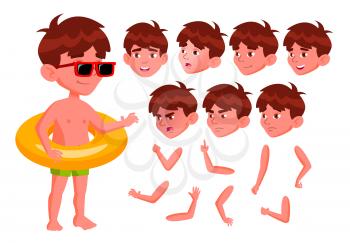 Boy Kid Vector. Positive Child In Water Park. Emotions, Gestures. Summer Vacation. Animation Creation Set. Isolated Cartoon Character Illustration