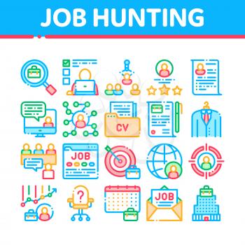Job Hunting Collection Elements Vector Icons Set Thin Line. Hunting Business People And Recruitment Candidate, Team Work And Partnership Concept Linear Pictograms. Color Contour Illustrations
