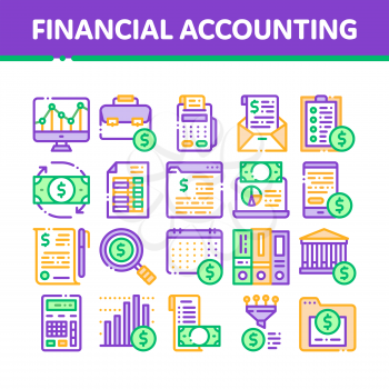 Financial Accounting Collection Vector Icons Set Thin Line. Money Dollar Sings On Smartphone Display And Magnifier, Web Site And Laptop Financial Concept Linear Pictograms. Color Contour Illustrations