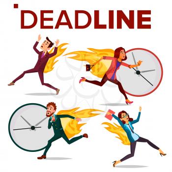 Deadline Concept Set Vector. Office People. Running Business Man, Woman. Workload Deadline Disasters. Deadline Tasks. Stress In Office. Overwork. Illustration