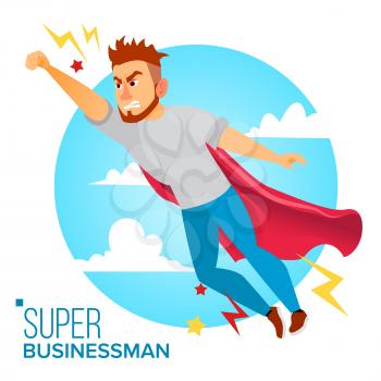 Super Businessman Character Vector. Successful Superhero Businessman Flying In Sky. Achievement Victory Concept. Waving Red Cape. Isolated Flat Cartoon Illustration