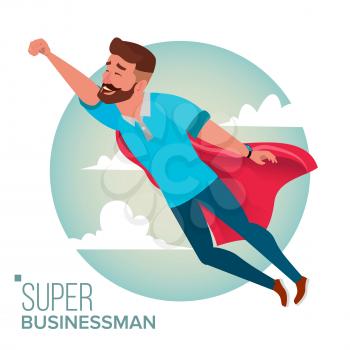 Super Businessman Character Vector. Red Cape. Business Man Flying To Success. Leadership Concept. Creative Modern Business Superhero. Isolated Flat Cartoon Illustration