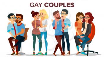 Gay, Lesbian Couple Set Vector. Hugging Men And Women. Same Sex Marriage. Romantic Homosexual Relationship. LGBT. LGBTQ. Isolated Cartoon Character Illustration