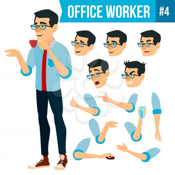 Office Worker Vector. Face Emotions, Various Gestures. Animation Creation Set. Businessman Worker. Happy Job. Partner, Clerk, Servant, Employee Isolated Flat Cartoon Illustration