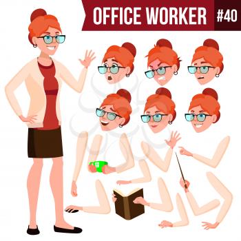 Office Worker Vector. Woman. Business Person. Face Emotions, Gestures. Animation Creation Set. Flat Cartoon Illustration
