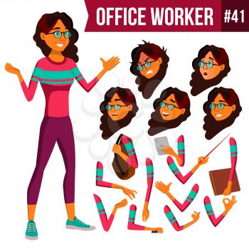 Office Worker Vector. Woman. Professional Officer, Clerk. Businessman Female. Lady Face Emotions, Various Gestures. Animation Creation Set. Isolated Flat Character Illustration