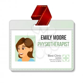 Physiotherapist Identification Badge Vector. Woman. Id Card Blank. Clinic. Hospital. Specialist Person. Flat Cartoon Illustration