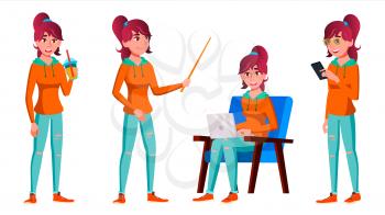 Teen Girl Poses Set Vector. Adult People. Casual. For Advertisement, Greeting, Announcement Design. Isolated Cartoon Illustration