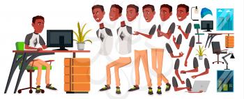 Office Worker Vector. Animation Creation Set. Black. African. Emotions, Gestures. Animated Elements. Office Generator. Businessman Human. Modern Cabinet Employee Laborer Cartoon Illustration