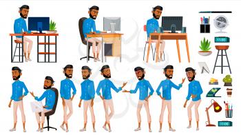 Arab Man Office Worker Vector. Set. Arab, Muslim. Islamic. Face Emotions, Various Gestures. Animated Elements. Office. Businessman Human Modern Cabinet Employee Workman Laborer Illustration
