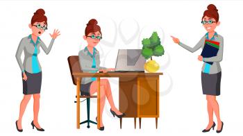 Office Worker Vector. Woman. Secretary, Accountant. Successful Officer, Clerk, Servant. Adult Business Woman. Situations. Face Emotions Various Gestures Animation Creation Set Cartoon Illustration