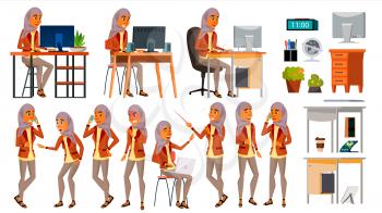 Arab Woman Office Worker Vector. Woman. Set. Hijab. Islamic. Business Human. Office Generator. Lady Face Emotions, Various Gestures. Front, Side View Isolated Flat Cartoon Character Illustration