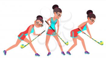 Field Hockey Female Player Vector. Playing Field Hockey In Different Poses. Woman. Battle For Control Of Ball. Isolated On White Cartoon Character Illustration