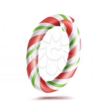 0, Number Zero Vector. 3D Number Sign. Figure 0 In Christmas Colours. Red, White, Green Striped. Classic Xmas Mint Hard Candy Cane. New Year Design. Isolated