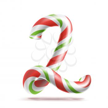 2, Number Two Vector. 3D Number Sign. Figure 2 In Christmas Colours. Red, White, Green Striped. Classic Xmas Mint Hard Candy Cane. New Year Design. Isolated