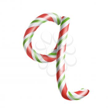 Letter Q Vector. 3D Realistic Candy Cane Alphabet Symbol In Christmas Colours. New Year Letter Textured With Red, White. Typography Template. Striped Craft Isolated Object. Xmas Art