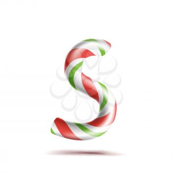 Letter S Vector. 3D Realistic Candy Cane Alphabet Symbol In Christmas Colours. New Year Letter Textured With Red, White. Typography Template. Striped Craft Isolated Object. Xmas Art