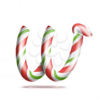 Letter W Vector. 3D Realistic Candy Cane Alphabet Symbol In Christmas Colours. New Year Letter Textured With Red, White. Typography Template. Striped Craft Isolated Object. Xmas Art