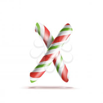 Letter X Vector. 3D Realistic Candy Cane Alphabet Symbol In Christmas Colours. New Year Letter Textured With Red, White. Typography Template. Striped Craft Isolated Object. Xmas Art