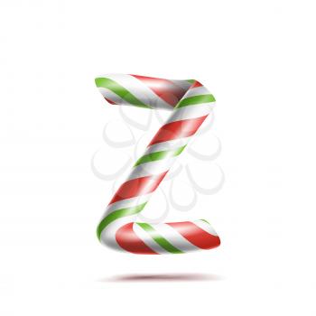 Letter Z Vector. 3D Realistic Candy Cane Alphabet Symbol In Christmas Colours. New Year Letter Textured With Red, White. Typography Template. Striped Craft Isolated Object. Xmas Art