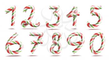 Numbers Sign Set Vector. 3D Numerals. Figures 1, 2, 3, 4, 5, 6, 7, 8 9 0 Christmas Colours Red Green Striped Classic Xmas Mint Hard Candy Cane New Year Design Isolated On White