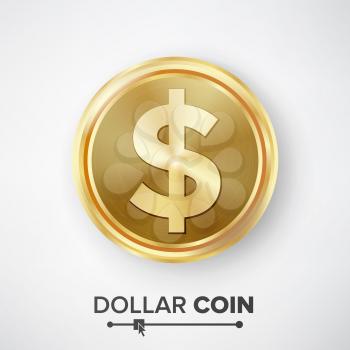 Dollar Gold Coin Vector. Realistic Money Sign