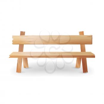 Wooden Bench Realistic Vector Illustration. Park Brown Classic Bench With Shadow