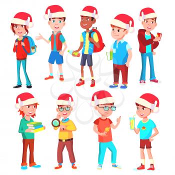 Christmas Children Set Vector. Santa Hat. Boys And Girls. December. Isolated Cartoon Illustration
