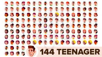 Teenager Avatar Set Vector. Girl, Guy. Multi Racial. Face Emotions. Multinational User People Portrait. Male, Female. Ethnic. Modern Default Placeholder Icon. Flat Illustration