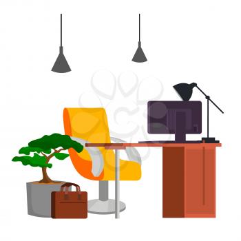 Office Workplace Concept Vector. Office Desk. Modern Developer Studio Interior. Classic Work space. Desk, Computer Illustration.
