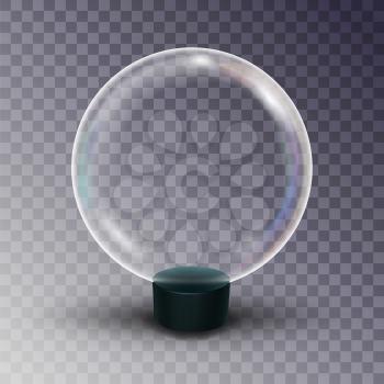 Empty Snow Globe Vector. Shadows, Reflection And Lights. Glass Sphere On A Stand. Isolated On Transparent Background