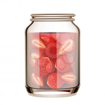 Canned Strawberry In Blank Glass Bottle Vector. Jar With Vitamin Natural Strawberry Berries. Glassware With Pickled Sugary Ripe Fruit, Delicious Dessert Template Realistic 3d Illustration