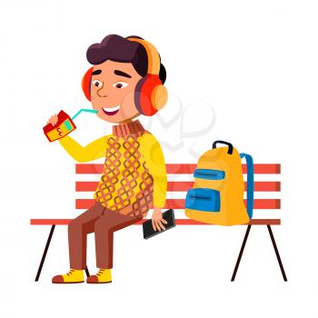 Boy Kid Sitting On Bench And Drink Juice Vector. Asian Preteen Infant Listening Music In Park And Drinking Natural Cherry Juice Package. Character Relaxing Outdoor Flat Cartoon Illustration