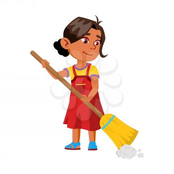 Girl Child Sweeping House Floor With Broom Vector. Smiling Indian Lady Kid Sweep And Clean Home With Broom. Character Infant Housekeeping Routine And Cleaning Flat Cartoon Illustration