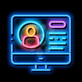 personal computer information about person neon light sign vector. Glowing bright icon personal computer information about person sign. transparent symbol illustration