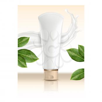 Hand Cream Creative Promotional Banner Vector. Hand Cream Blank Tube Packaging, Creamy Splash And Natural Tree Green Leaves On Advertising Poster. Style Concept Template Illustration