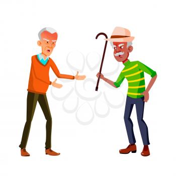 Angry Old Men Quarreling Outdoor Together Vector. Aggressive Chinese And African Elderly Grandfathers Quarreling In Park Or Street. Characters Negative Emotion Flat Cartoon Illustration