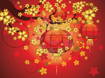 Paper chinese lantern on branch of blooming sakura.