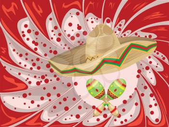 Mexican straw hat sombrero and decorative maracas.