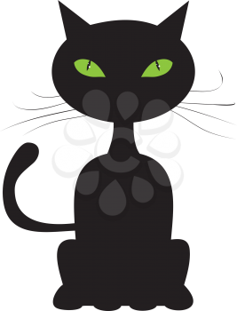Silhouette of a black cat with green eyes on white background.
