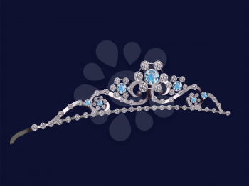 Beautiful diadem or tiara with blue diamonds on dark background.
